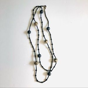 Long Black Silver Beaded Necklace Strand